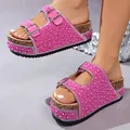 Pink platform cork slippers for women featuring pearl and rhinestone decorations and double buckles - 37 / Rose Red