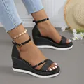 Stylish black platform wedge sandals for women with sparkly straps and ankle buckle - 36 / Black