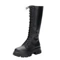 Women's black faux leather knee-high boots with chunky platform sole and front lace-up - Black