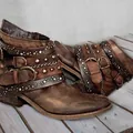 Vintage distressed brown leather ankle boots with buckle straps and metallic rivet details - 36 / Dark Brown