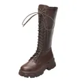 Dark brown platform knee-high boot with lace-up front and side zipper detail - Dark Brown