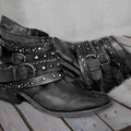 Vintage punk style leather ankle boots with multi-buckle straps, rivets and chains. - 36 / Black