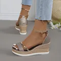 Sparkling rose gold glitter platform wedge sandals with adjustable ankle strap for summer - 36 / Rose Gold