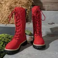 Vibrant red lace-up mid-calf boots with thick platform lug soles for winter - 36 / Red
