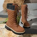 Stylish brown mid-calf lace-up boots with knit cuff and quilted pattern for winter - 36 / Khaki