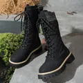 Stylish black lace-up mid-calf boots with quilted pattern and warm knit collar detail - 36 / Black