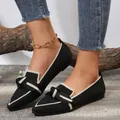 Stylish black breathable flyknit women's flat shoes featuring a decorative beige bow detail - 36 / Black