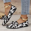 Chic black and white cow print knit loafers for women with decorative bow detail - 36 / Cow Pattern