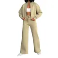 Detailansicht des olivgrünen Damen-Fleece-Sweatshirt- und Hosen-Sets für Winter - S / Oberteil Und Unterteil / Matcha Gelb