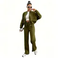 Women's olive green fleece-lined 2-piece tracksuit set with zip jacket and wide-leg pants - S / Top And Bottom / Army Green