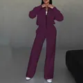 Casual two-piece solid purple sweatshirt and wide-leg pants set for women winter loungewear - S / Top And Bottom / Fuschia