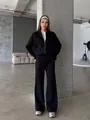 Damen-Trainingsanzug aus schwarzem Fleece, bestehend aus Hoodie mit Reißverschluss und Hose - S / Oberteil Und Unterteil / Schwarz