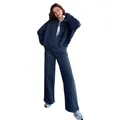 Zweiteiliger Damen-Fleece-Sweatshirt- und Weitbeinhose-Lounge-Set in Dunkelgrau - S / Oberteil Und Unterteil / Dunkelblau