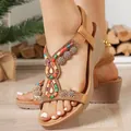 Detailed shot of Bohemian wedge sandals with colorful beads and sparkly rhinestones - 36 / Camel