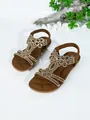 Elegant Bohemian brown flat sandals with intricate rhinestone floral embellishments. - 35 / Caramel color