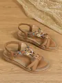 Detailed view of Bohemian flat sandals with colorful beads and sparkly rhinestone accents - 36 / Caramel color