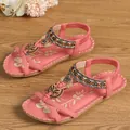 Elegant pink bohemian flat sandals with handmade floral beading and sparkling rhinestones - 38 / Pink