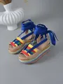 Fashionable summer rainbow braided platform sandals with blue ribbon ankle ties for women - 36 / Sapphire Blue