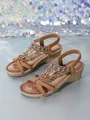 Bohemian brown wedge sandals with handmade beads, rhinestones, and butterfly charms - 36 / Caramel color
