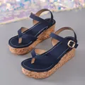 Navy blue thong wedge sandals with cork platform and gold buckle for summer beach wear - 36 / Navy Blue
