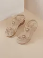 Elegant champagne wedge sandals with braided straps and decorative stone embellishments - 38 / Apricot