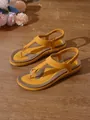 Elegantes sandalias de dedo amarillas estilo bohemio con tira elástica de talón. - 35 / Naranja