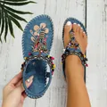 Bohemian denim flat sandals with ethnic beads and floral print decorations - 38 / Blue
