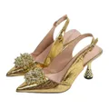 Elegante gouden slingback pumps met krokodillenreliëf, puntige neus en luxe parels - 35 / Goud