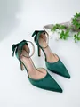 Elegant emerald green satin high heels featuring a pointed toe and decorative bow ankle strap - 38 / Dark Green