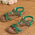 Handgefertigte grüne flache Bohemian-Sandalen mit Perlen, Strass und Schmetterling - 38 / Grün Leinen