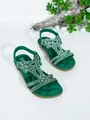 Bohemian green flat sandals with rhinestone floral embellishments on white background - 35 / Green