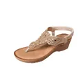 Elegant Bohemian champagne wedge sandals with sparkling rhinestone and beaded straps - 36 / Apricot