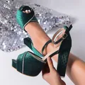 Elegant dark green velvet platform sandals with cone block heels and rhinestone cross straps - 36 / Malachite green