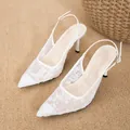 Elegant white lace mesh pointed-toe high-heel slingback sandals for evening events - 36 / White