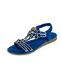 Close-up of blue flat bohemian sandals with intricate rhinestone floral embellishments. - Blue Style B