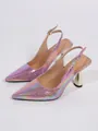 Detailed view of pink iridescent snakeskin pointed-toe slingback high heels. - 38 / Laser Iridescent Snake Pattern