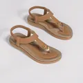 Bohemian flat brown T-strap beach sandals with elastic strap and decorative gold ring - 38 / Caramel color