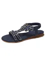 Detail view of navy blue bohemian flat sandals with sparkling beads and rhinestones - Sapphire Blue