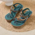 Bohemian ethnic style teal wedge sandals decorated with colorful beads and heart charms - 36 / Malachite green