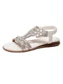 Close-up of white Bohemian flat sandals with sparkling rhinestone and beaded patterns - Off White
