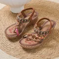 Bohemian beaded platform sandals with heart charms and floral patterns for beach - 36 / Caramel color
