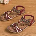 Bohemian flat sandals for women with wooden beads and rhinestones in burgundy - 38 / Jujube Hemp