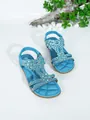Sky blue bohemian flat sandals for women featuring sparkling rhinestones and soft soles - Lake Blue