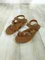 Bohemian brown flat sandals with rhinestone and bead details on light wood floor backdrop - 38 / Dark Brown Style B