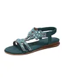 Detailed view of bohemian teal flat sandals with intricate rhinestone and bead embellishments - Malachite green