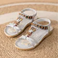 Silberne flache Bohemian-Sandalen mit handgefertigten Perlen und Strass-Schleife - 38 / Silbergrau