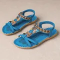 Bohemian blaue flache Sandalen mit handgefertigten Holzperlen und Strasssteinen - 38 / Seeblau