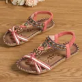 Rosa flache Bohemian-Sandalen mit handgefertigten Perlen und Strasssteinen am Strand - 38 / Leinenrosa