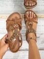 Elegante braune flache Sandalen im Boho-Stil mit Holzperlen und Herz-Strassanhängern - 35 / Karamellbraun