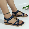 Sandalias planas azules bohemias para mujer con cuentas hechas a mano y suela - Azul marino